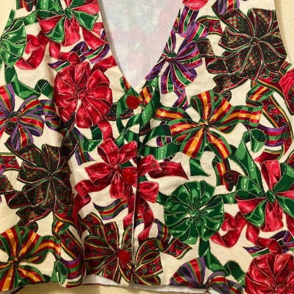 Vintage Handmade Present Bow Pattern Button Up Christmas Vest Women's Size L/XL - Picture 3 of 3